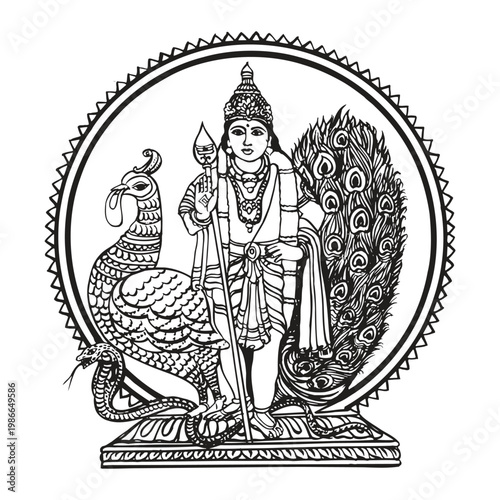 vintage drawing of indian om murugan subramaniya swamy god tamil
