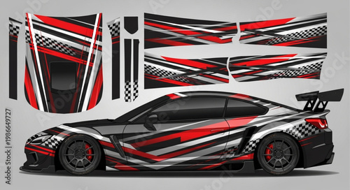 Sport Car With Red Black White Graphic Wrap Design.