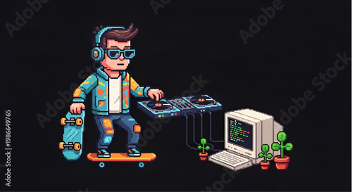 Retro Pixel Art Character DJ Skater with Turntable and Computer
