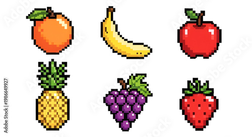 Colorful Pixel Art Fruits Set for Game Assets and Digital Design