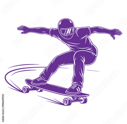 man wearing helmet riding skateboard with arms outstretched on white background