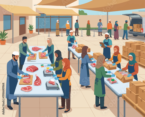 Flat vector illustration of a community preparing qurban meat distribution
