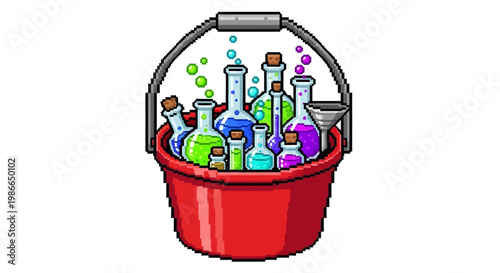 Red Bucket Filled With Colorful Science Experiment Bottles.