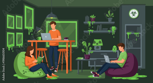 Three people working on laptops in a modern office space.