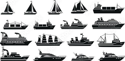 Collection of Black Ship and Boat Silhouette Icons Featuring Cargo Vessels, Cruise Liners, Sailboats, Luxury Yachts, and Ocean Transport Vehicles for Maritime Industry Designs