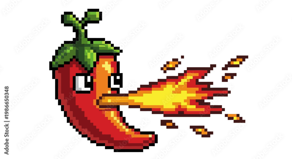Fototapeta premium Pixel Art Chili Pepper Character Breathing Fire.