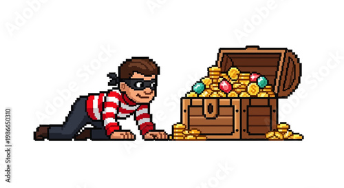 Pixel Art Thief Sneaking Towards Treasure Chest Full of Gold Coins.