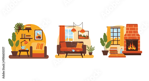 Set of 3 Cozy Living Room Interior Scenes Vector