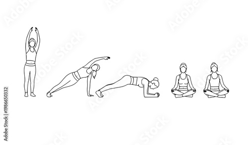 Minimal woman yoga sequence vector with female fitness poses in clean line art for wellness and training design