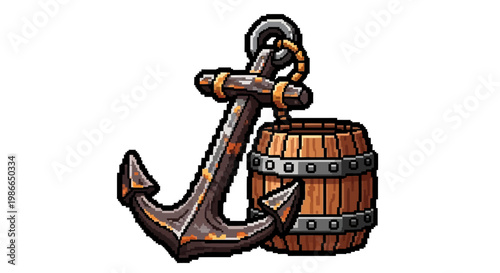 Rusty Anchor and Wooden Barrel Nautical Illustration.