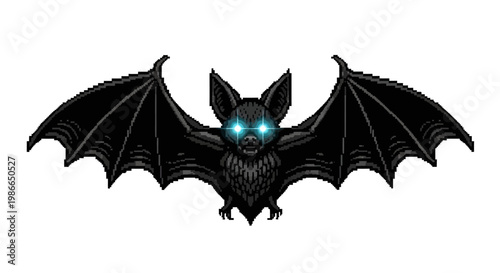 Scary Black Bat with Glowing Blue Eyes Flying.