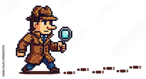 Pixel Art Detective Character Investigating Footprints with Magnifying Glass.