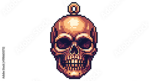 Pixel Art Golden Skull Pendant Icon.