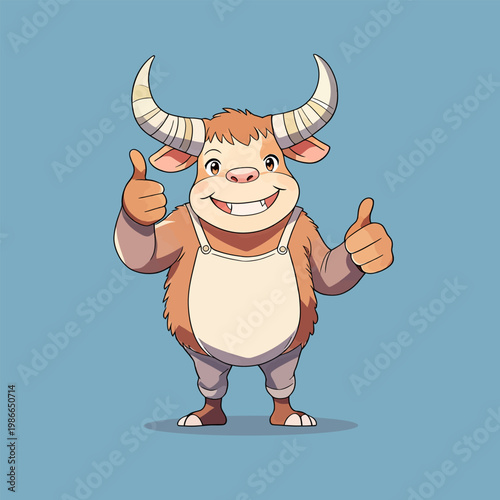 Cute cow stands, cheerful cartoon with warm bright tones