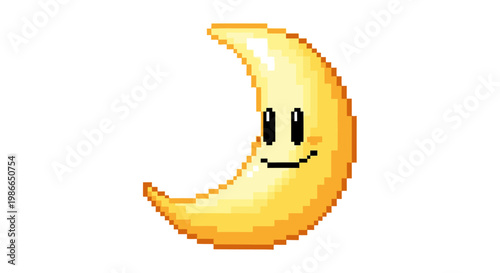 Pixel Art Crescent Moon Character with Smiling Face.