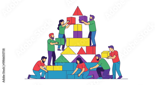 Teamwork building a tower with colorful blocks.