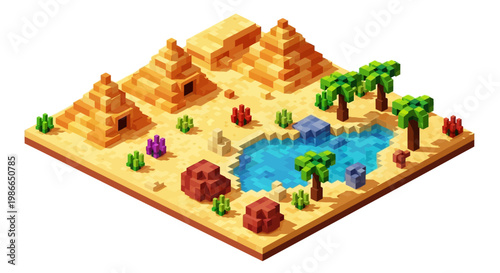 Pixel Art Desert Oasis with Pyramids and Palm Trees.