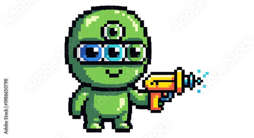 Pixel Art Green Alien Character Holding a Ray Gun.