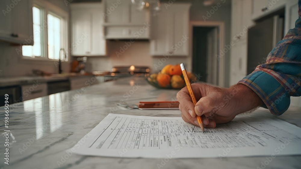 Naklejka premium Contractor’s hand with a pencil on a filled contractor estimate form clipped to a clipboard in a bright modern kitchen, 4K ultra‑realistic