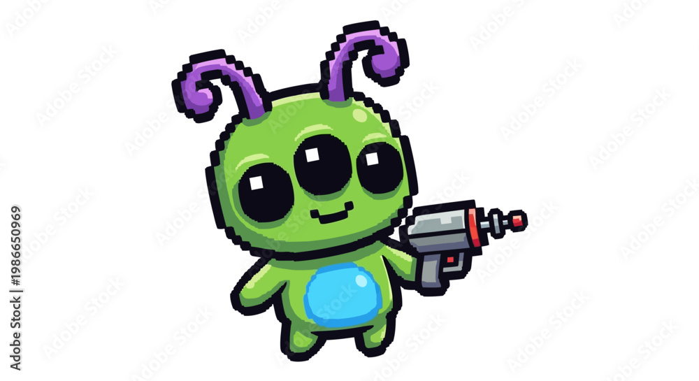 Obraz premium Pixel Art Green Alien Holding Ray Gun.