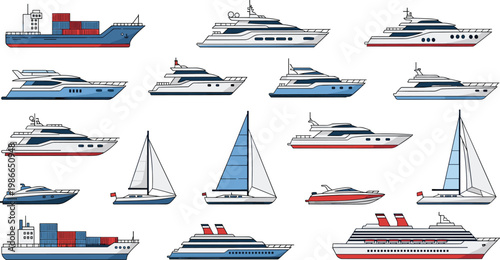 Diverse Ships and Watercraft Vector Set Featuring Cargo Vessels Luxury Yachts Sailboats and Cruise Liners Isolated on White Background for Maritime and Nautical Designs