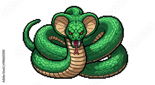 Pixel Art Green Cobra Snake Illustration.