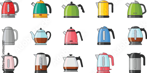 Electric Kettle And Teapot Vector Set Featuring Modern Kitchen Appliances In Various Colors For Tea Brewing Coffee Making And Domestic Household Equipment Graphic Designs