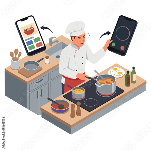 A chef cooks in a kitchen using a mobile app to control cooking on a smart induction stove with various dishes being prepared.