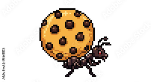 Pixel Art Ant Carrying Giant Chocolate Chip Cookie.