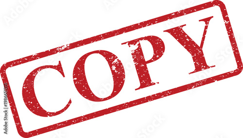 A distinctive red distressed rubber stamp with grunge texture prominently displays the word COPY on a white surface