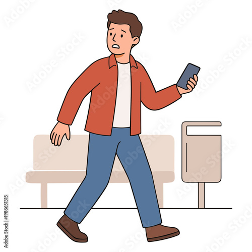 Man walks quickly through station while checking phone screen