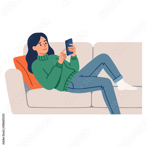 Woman relaxes on sofa using smartphone with laptop nearby