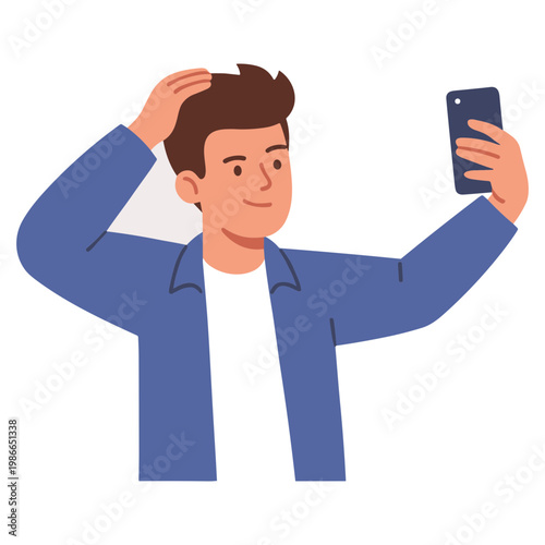 A man takes a selfie with a happy expression adjusting his hair