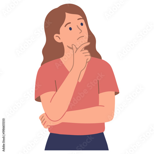 Woman looks thoughtful with hand on chin in an illustration
