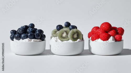 Three bowls of healthy yogurt with colorful fruits.