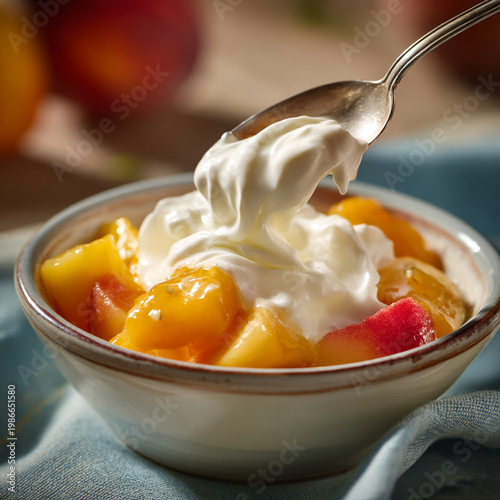 A spoon adds creamy yogurt to a fruit bowl.