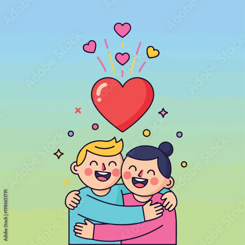 A cartoon couple embracing with a large heart