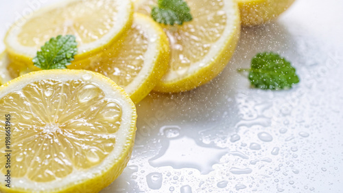 Fresh Lemon Slices with Water Droplets on White Background and Copy Space