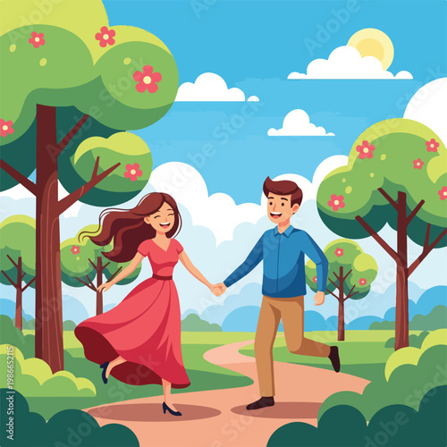 A cartoon couple holding hands on a winding path