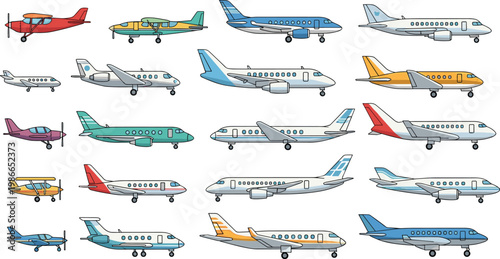 Large Set of Airplane Icons Featuring Commercial Passenger Jets Private Business Aircraft and Propeller Planes for Travel Logistics and Aviation Industry Designs