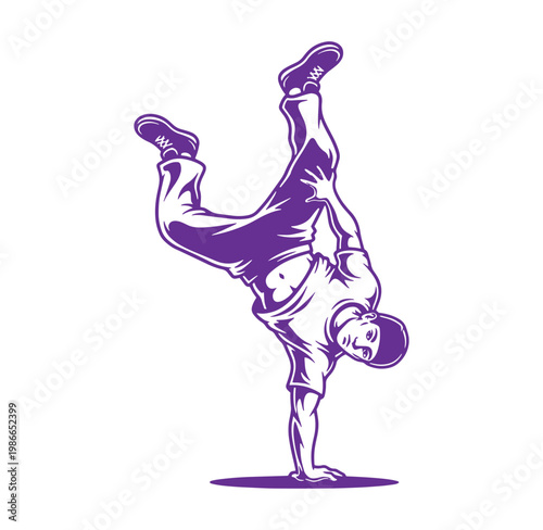Young man performing breakdancing move on one hand and one leg  dynamic illustration