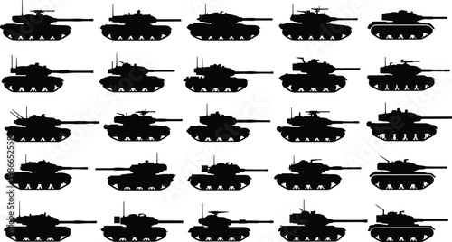 Military Tank Silhouette Vector Set Featuring Various Armored Fighting Vehicles Heavy Artillery And War Machines For Defense History Gaming And Tactical Battle Graphic Designs