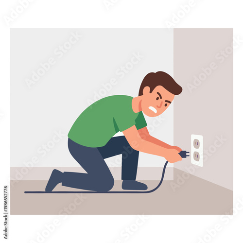 Man kneeling while plugging electrical cord into outlet on wall