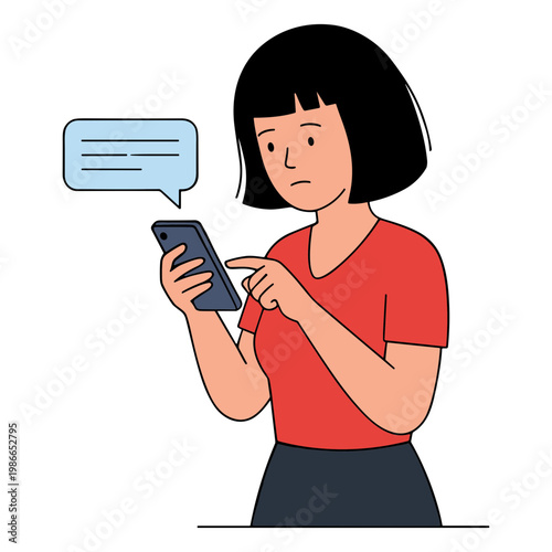 A woman looks concerned while reading a message on her phone.