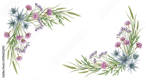 Watercolor Coastal Wildflower Corner Border Frames Clipart Vector
