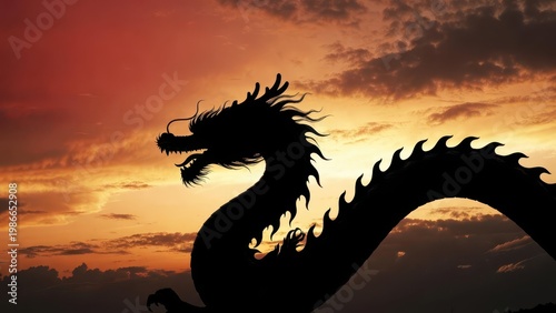Majestic Dragon Silhouette Against Dramatic Sunset Sky Background
