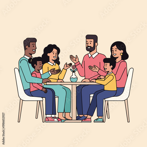 A cartoon drawing of a diverse family gathered around a table