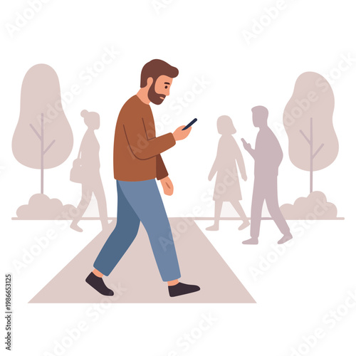 Man walks down sidewalk while looking at phone with people behind