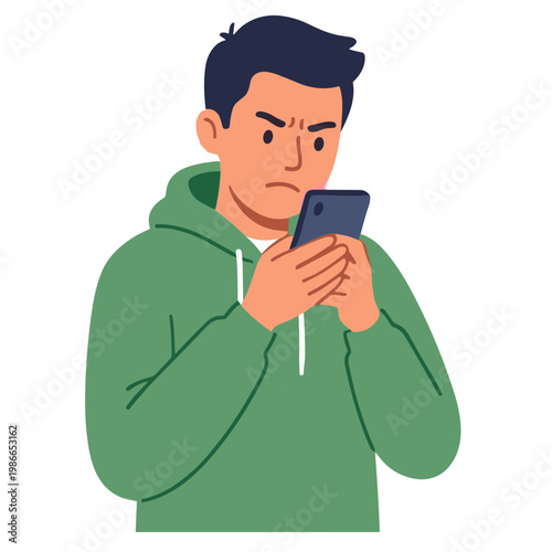 A man looks at his phone with a worried expression on his face.