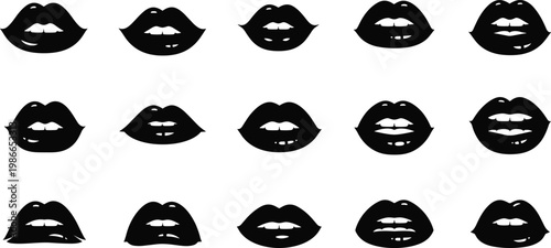 Set of Black Female Lips Silhouette Icons Featuring Various Mouth Expressions for Beauty Salon Branding, Fashion Graphics, and Sexy Lipstick Makeup Product Labels